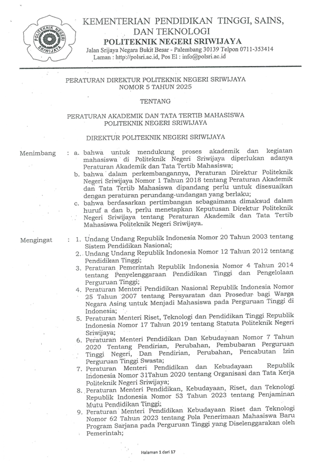 Peraturan Direktur No. 5 Tahun 2025 tentang Peraturan Akademik dan Tata Tertib Mahasiswa